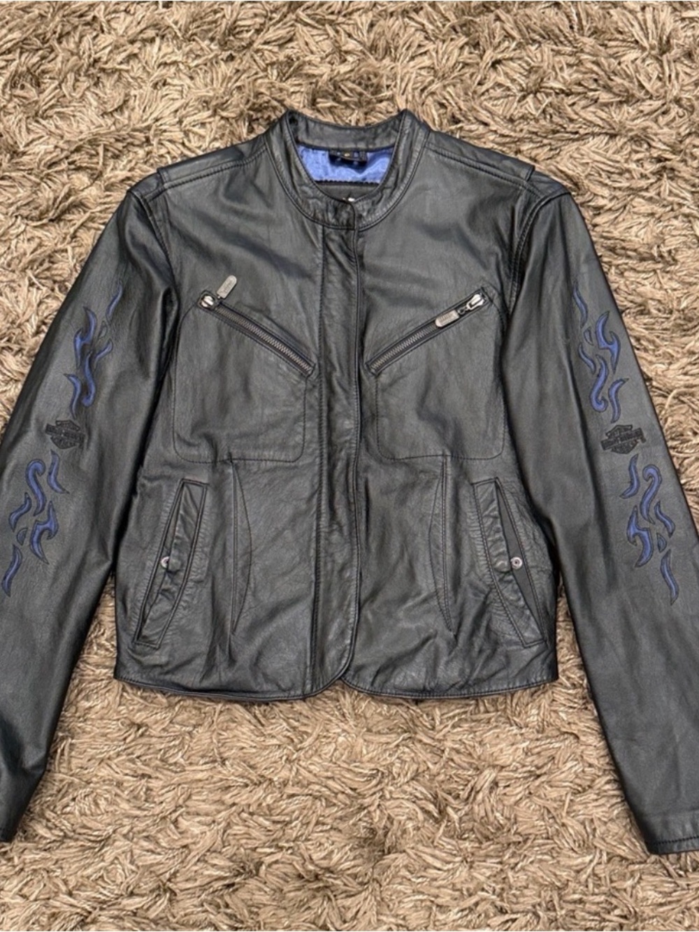 HARLEY DAVIDSON WOMENS LEATHER JACKET BLUE FLAME SLEEVES VINTAGE Size Small